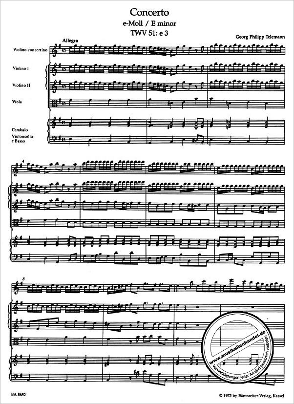 Notenbild für BA 8652 - KONZERT E-MOLL TWV 51/E 3