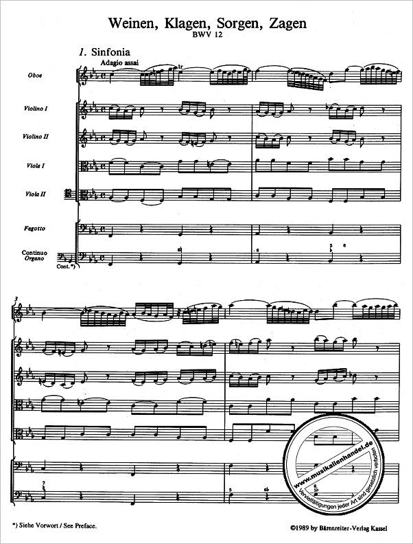 Notenbild für BATP 1012 - KANTATE 12 WEINEN KLAGEN SORGEN ZAGEN BWV 12