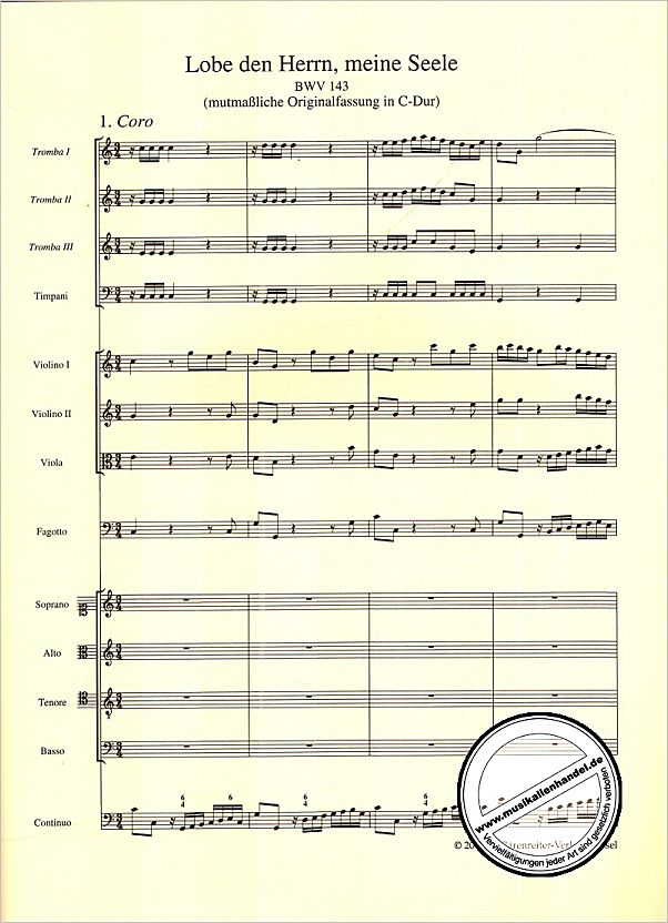Notenbild für BATP 1143 - KANTATE 143 LOBE DEN HERRN MEINE SEELE BWV 143