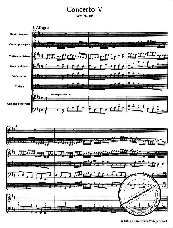 Notenbild für BATP 7 - BRANDENBURGISCHES KONZERT 5 D-DUR BWV 1050