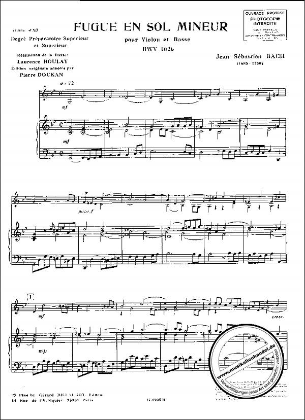 Notenbild für BILL 3905 - FUGE G-MOLL BWV 1026