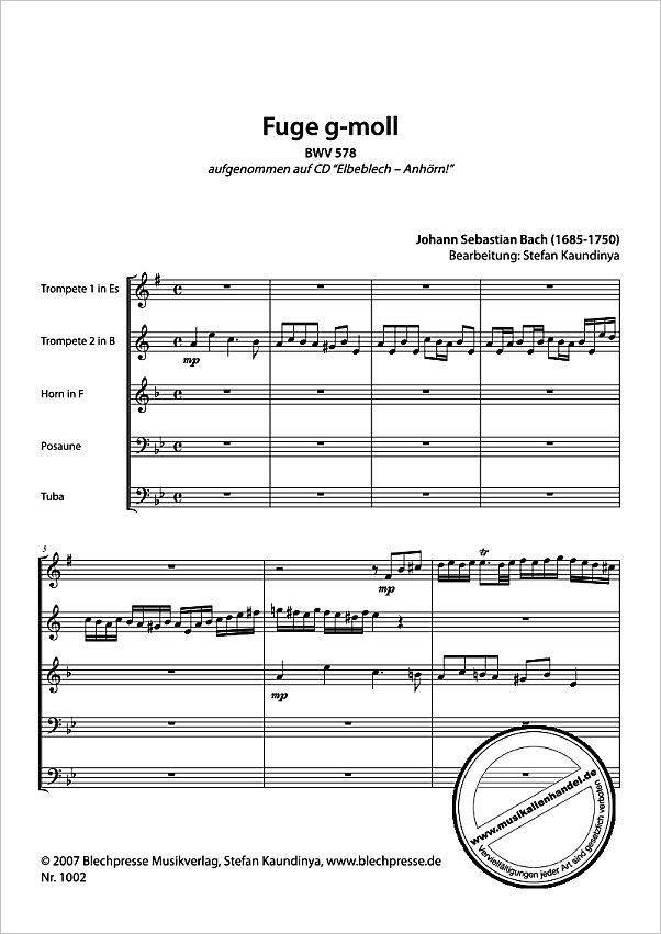 Notenbild für BLECHPRESSE 1002 - FUGE G-MOLL BWV 578