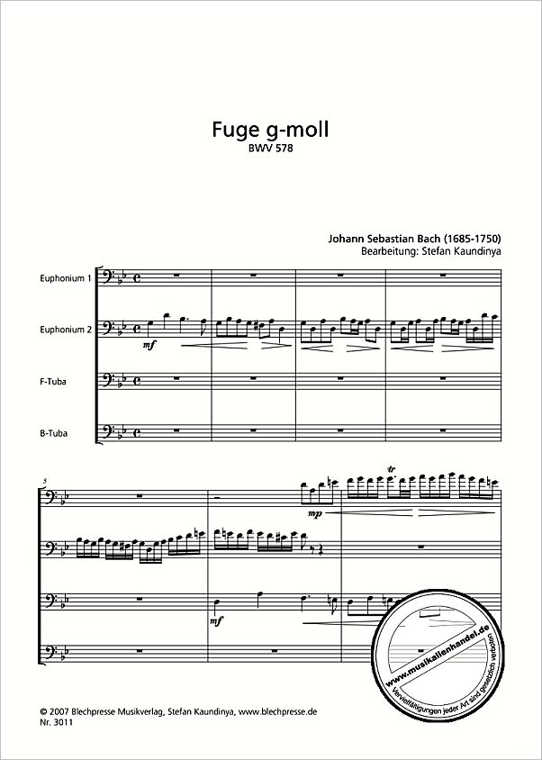 Notenbild für BLECHPRESSE 3011 - FUGE G-MOLL BWV 578