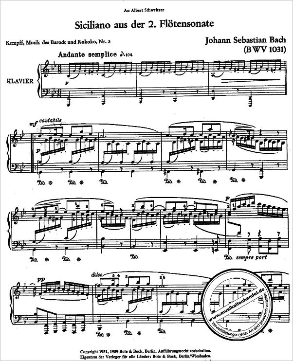 Notenbild für BOTE 0089 - SICILIANO (SONATE 2 BWV 1031)