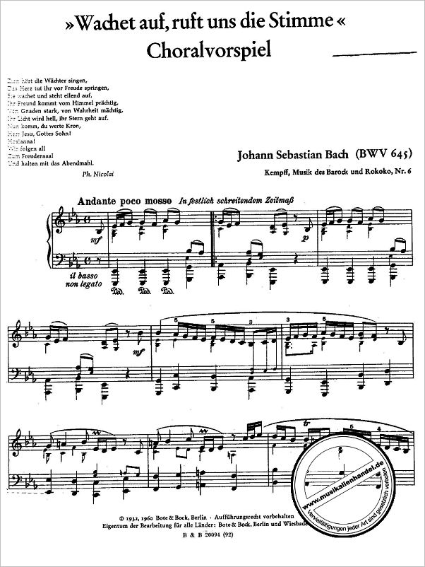 Notenbild für BOTE 0092 - WACHET AUF RUFT UNS DIE STIMME BWV 645