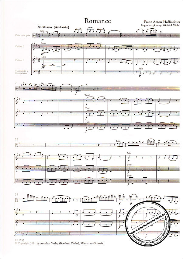 Notenbild für BP 1785 - Romanze G-Dur : für Viola und Streicher Partitur, Klavierauszug und St