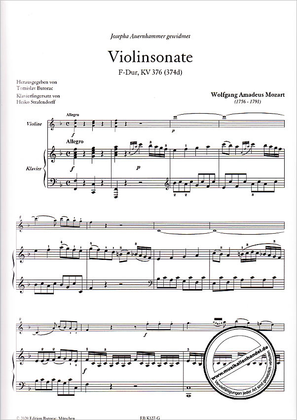 Notenbild für BUTORAC -K127-G - Sonate F-Dur KV 376