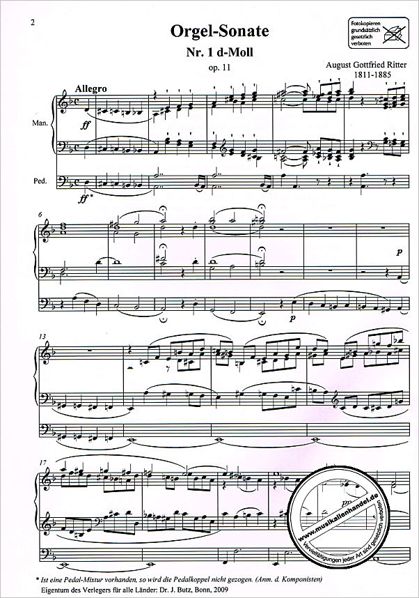 Notenbild für BUTZ 1268 - SONATE 1 D-MOLL OP 11