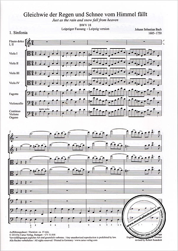 Notenbild für CARUS 31018-00 - KANTATE 18 GLEICHWIE DER REGEN UND SCHNEE VOM HIMMEL FAELLT BWV 1