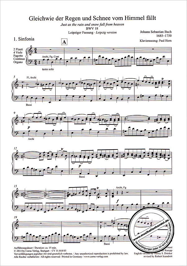 Notenbild für CARUS 31018-03 - KANTATE 18 GLEICHWIE DER REGEN UND SCHNEE VOM HIMMEL FAELLT BWV 1