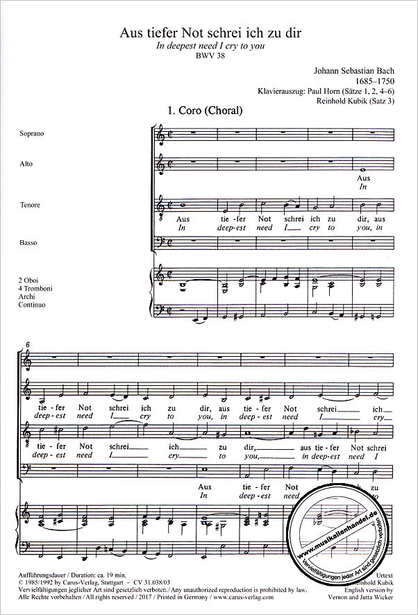 Notenbild für CARUS 31038-03 - KANTATE 38 AUS TIEFER NOT SCHREI ICH ZU DIR BWV 38