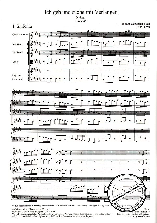 Notenbild für CARUS 31049-00 - KANTATE 49 ICH GEH UND SUCHE MIT VERLANGEN BWV 49