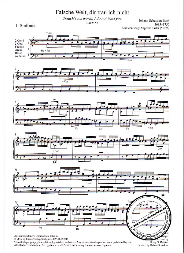 Notenbild für CARUS 31052-03 - KANTATE 52 FALSCHE WELT DIR TRAU' ICH NICHT BWV 52
