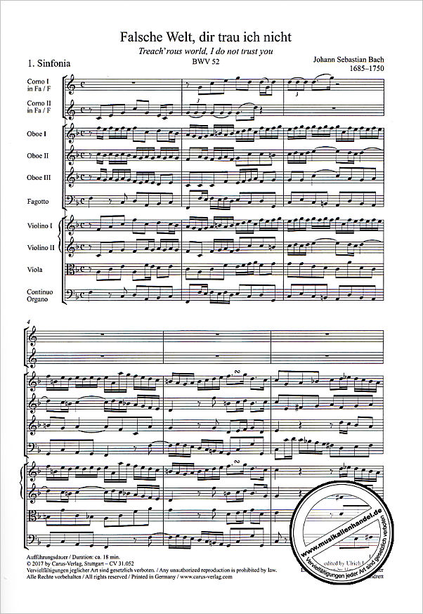 Notenbild für CARUS 31052-07 - Kantate 52 falsche Welt dir trau' ich nicht BWV 52
