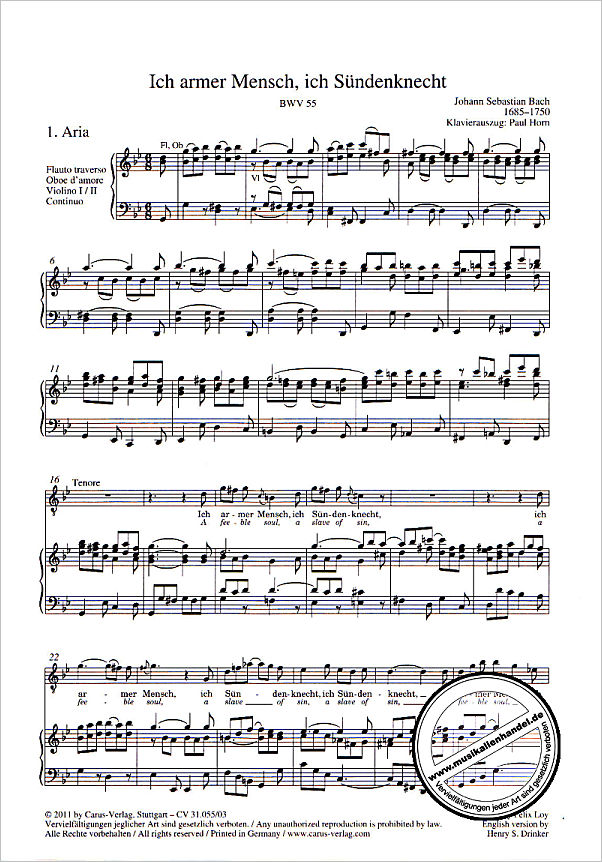 Notenbild für CARUS 31055-03 - KANTATE 55 ICH ARMER MENSCH ICH SUENDENKNECHT BWV 55