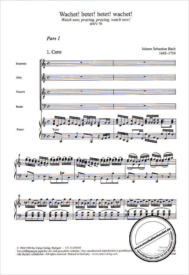 Notenbild für CARUS 31070-03 - KANTATE 70 WACHET BETET BETET WACHET BWV 70