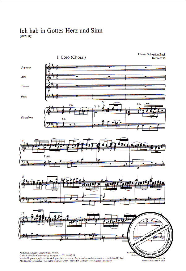 Notenbild für CARUS 31092-03 - KANTATE 92 ICH HAB IN GOTTES HERZ UND SINN BWV 92