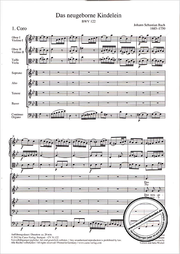 Notenbild für CARUS 31122-00 - DAS NEUGEBORNE KINDELEIN BWV 122
