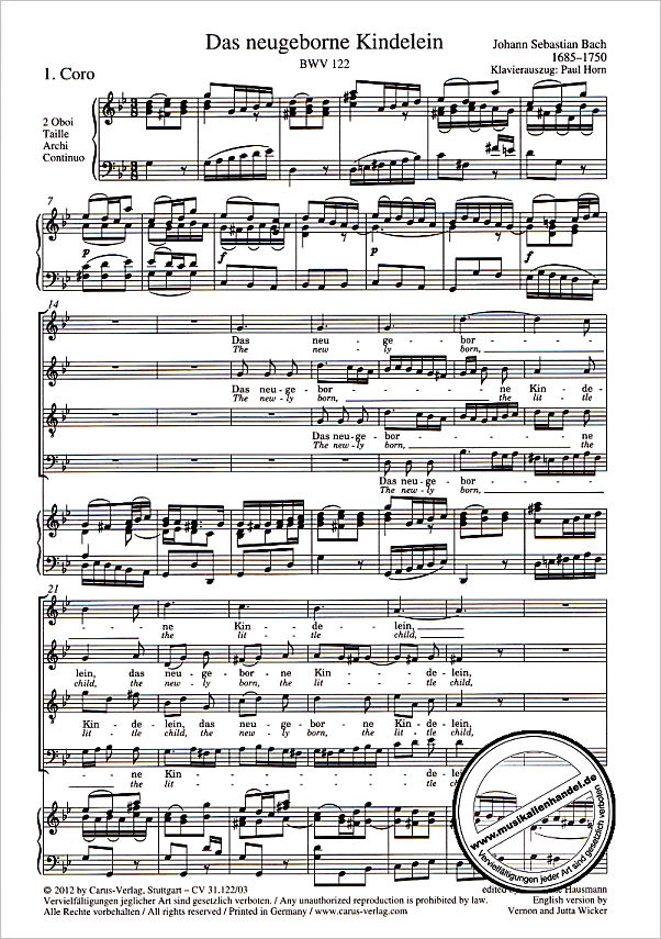 Notenbild für CARUS 31122-03 - DAS NEUGEBORNE KINDELEIN BWV 122