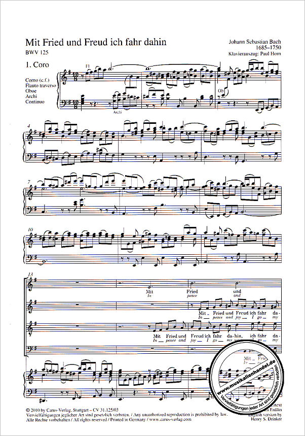 Notenbild für CARUS 31125-03 - KANTATE 125 MIT FRIED UND FREUD ICH FAHR DAHIN BWV 125