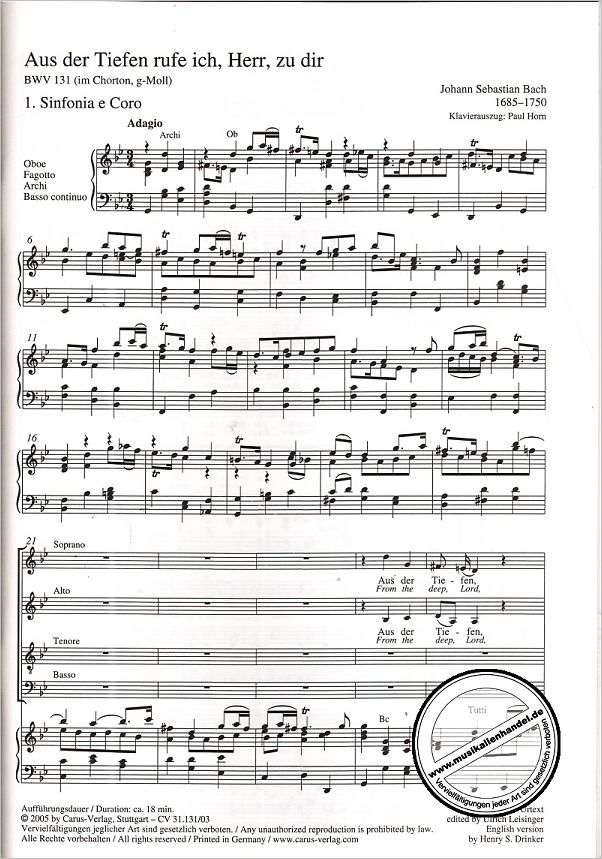 Notenbild für CARUS 31131-03 - KANTATE 131 AUS DER TIEFEN RUFE ICH HERR ZU DIR BWV 131