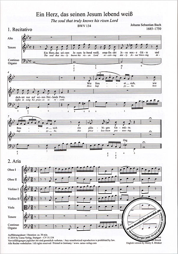 Notenbild für CARUS 31134-00 - KANTATE 134 EIN HERZ DAS SEINEN JESUM LEBEND WEISS BWV 134