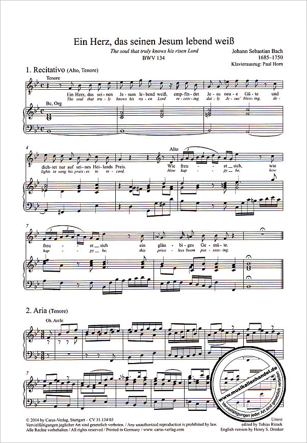 Notenbild für CARUS 31134-03 - KANTATE 134 EIN HERZ DAS SEINEN JESUM LEBEND WEISS BWV 134