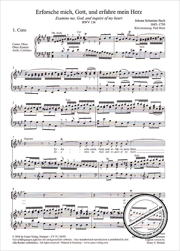 Notenbild für CARUS 31136-03 - KANTATE 136 ERFORSCHE MICH GOTT UND ERFAHRE MEIN HERZ BWV 136