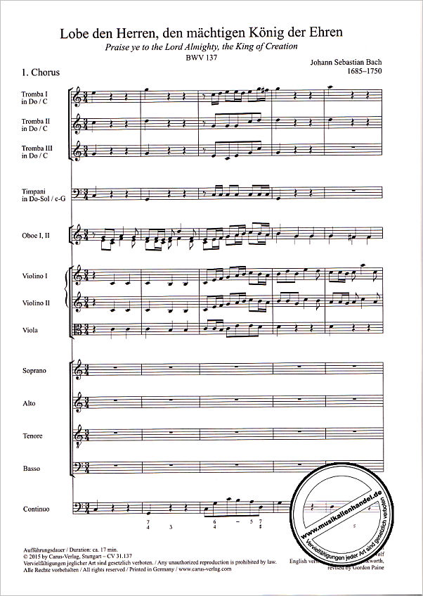 Notenbild für CARUS 31137-01 - KANTATE 137 LOBE DEN HERREN DEN MAECHTIGEN KOENIG DER EHREN BWV 1