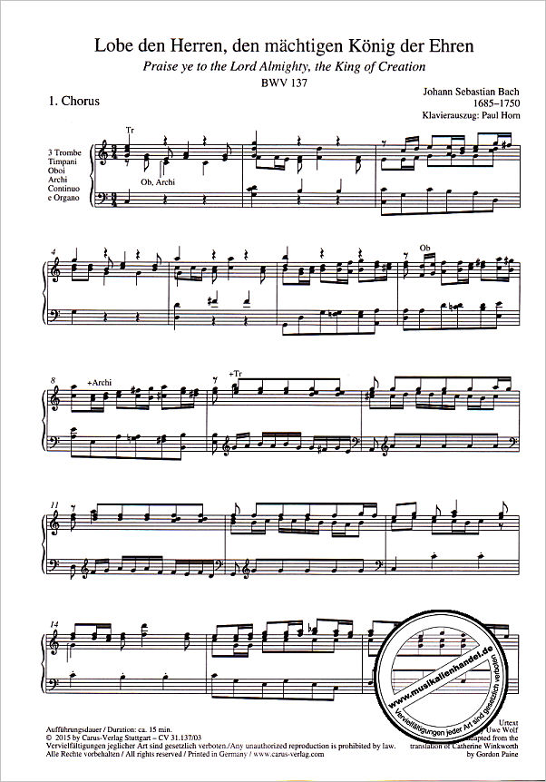 Notenbild für CARUS 31137-03 - KANTATE 137 LOBE DEN HERREN DEN MAECHTIGEN KOENIG DER EHREN BWV 1