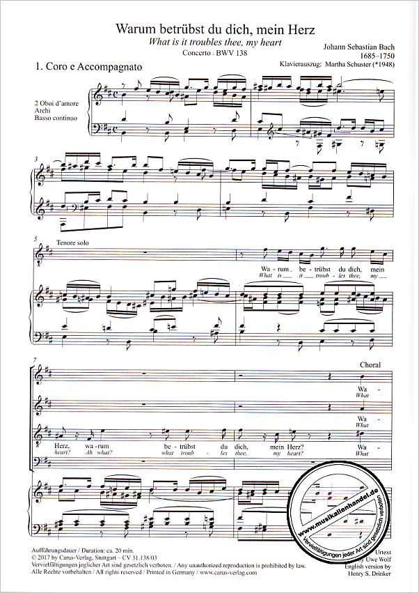 Notenbild für CARUS 31138-03 - KANTATE 138 WARUM BETRUEBST DU DICH MEIN HERZ BWV 138