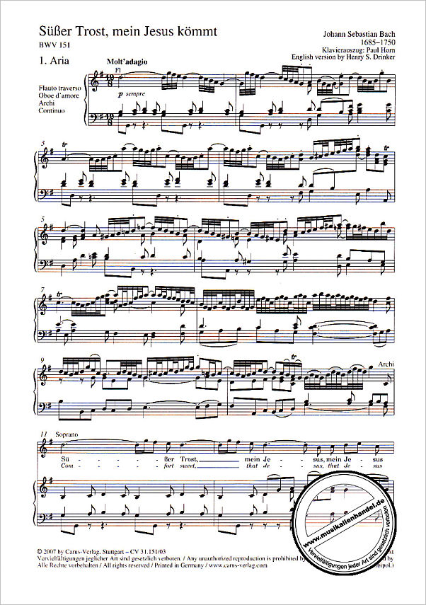 Notenbild für CARUS 31151-03 - KANTATE 151 SUESSER TROST MEIN JESUS KOEMMT BWV 151