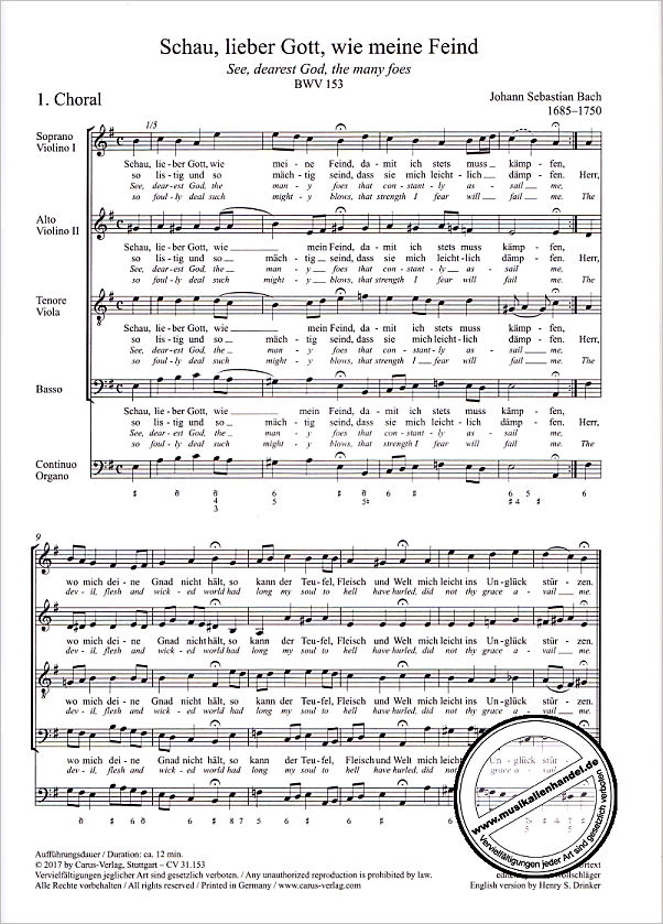 Notenbild für CARUS 31153-00 - KANTATE 153 SCHAU LIEBER GOTT WIE MEINE FEIND BWV 153