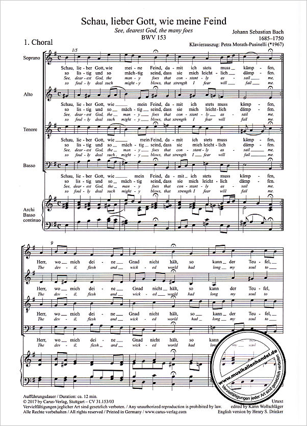 Notenbild für CARUS 31153-03 - KANTATE 153 SCHAU LIEBER GOTT WIE MEINE FEIND BWV 153