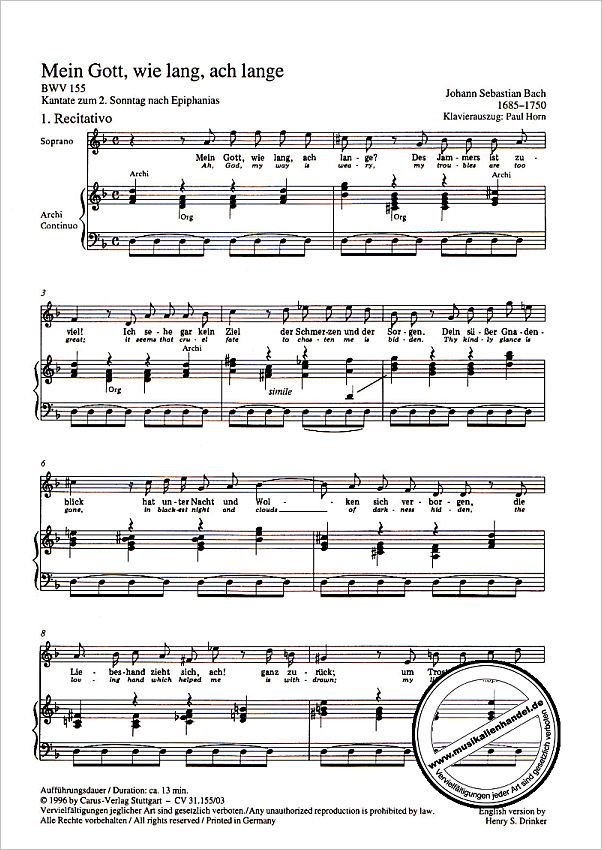 Notenbild für CARUS 31155-03 - KANTATE 155 MEIN GOTT WIE LANG ACH LANGE BWV 155