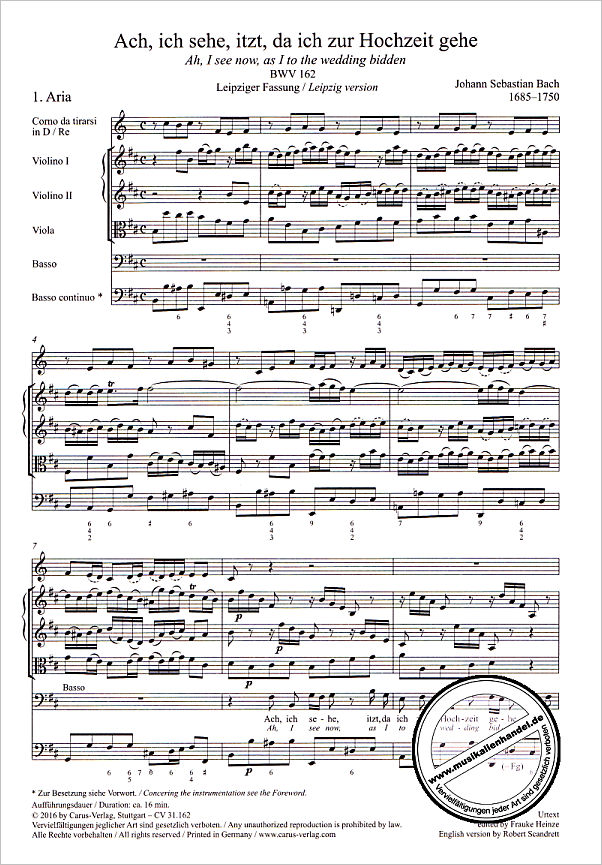 Notenbild für CARUS 31162-00 - KANTATE 162 ACH ICH SEHE ITZT DA ICH ZUR HOCHZEIT GEHE BWV 162