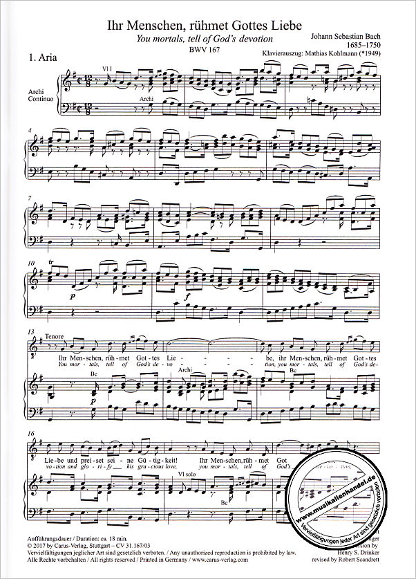 Notenbild für CARUS 31167-03 - KANTATE 167 IHR MENSCHEN RUEHMET GOTTES LIEBE BWV 167