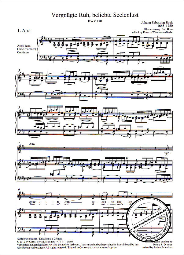 Notenbild für CARUS 31170-03 - KANTATE 170 VERGNUEGTE RUH BELIEBTE SEELENLUST BWV 170