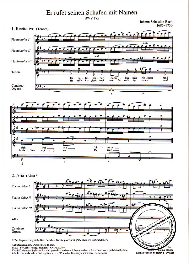 Notenbild für CARUS 31175-07 - KANTATE 175 ER RUFET SEINEN SCHAFEN MIT NAMEN BWV 175