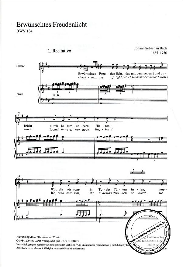 Notenbild für CARUS 31184-03 - KANTATE 184 ERWUENSCHTES FREUDENLICHT BWV 184