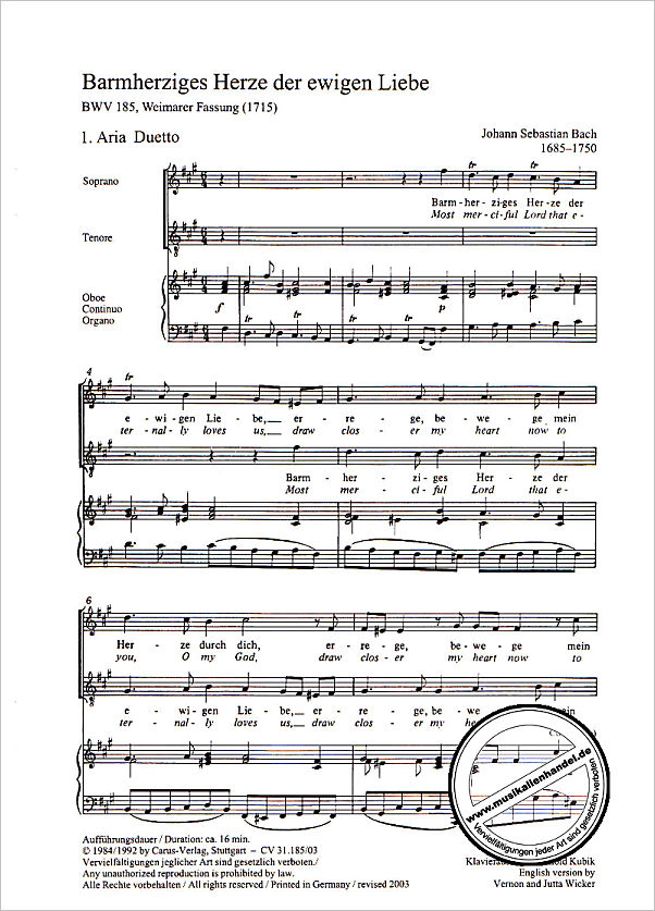 Notenbild für CARUS 31185-03 - KANTATE 185 BARMHERZIGES HERZE DER EWIGEN LIEBE BWV 185