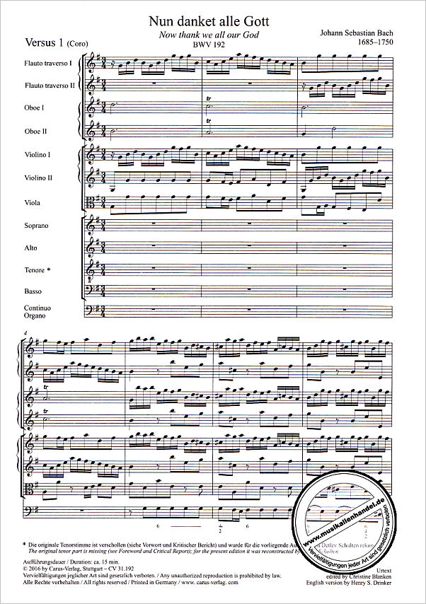 Notenbild für CARUS 31192-00 - KANTATE 192 NUN DANKET ALLE GOTT BWV 192