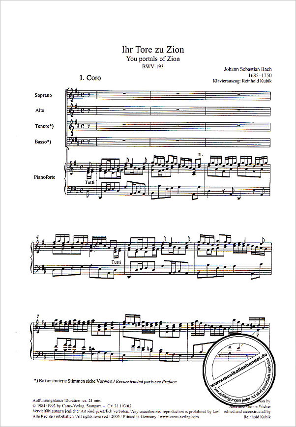 Notenbild für CARUS 31193-03 - KANTATE 193 IHR TORE ZU ZION BWV 193 - RATSWAHLKANTATE