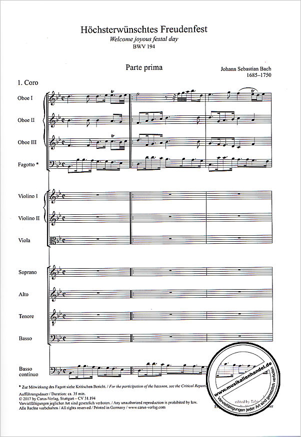 Notenbild für CARUS 31194-07 - Kantate 194 Höchsterwünschtes Freudenfest BWV 194