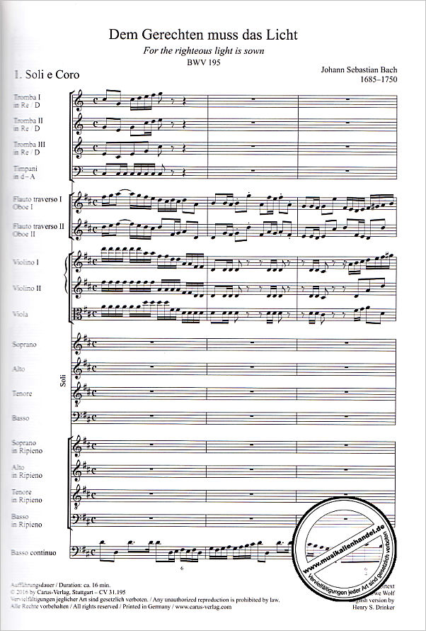Notenbild für CARUS 31195-00 - KANTATE 195 DEM GERECHTEN MUSS DAS LICHT BWV 195