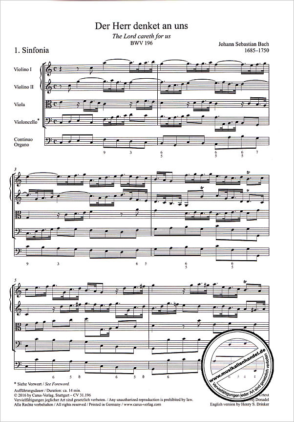 Notenbild für CARUS 31196-00 - KANTATE 196 DER HERR DENKET AN UNS BWV 196