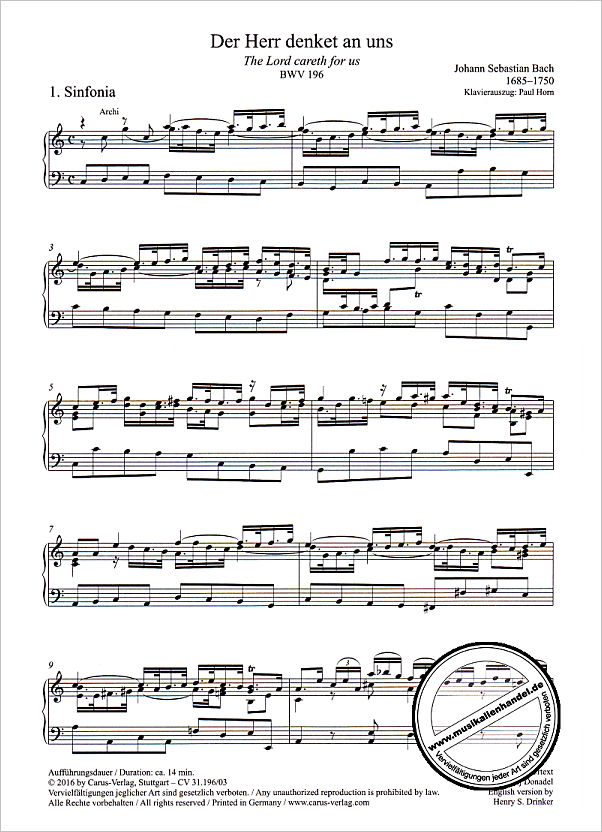 Notenbild für CARUS 31196-03 - KANTATE 196 DER HERR DENKET AN UNS BWV 196