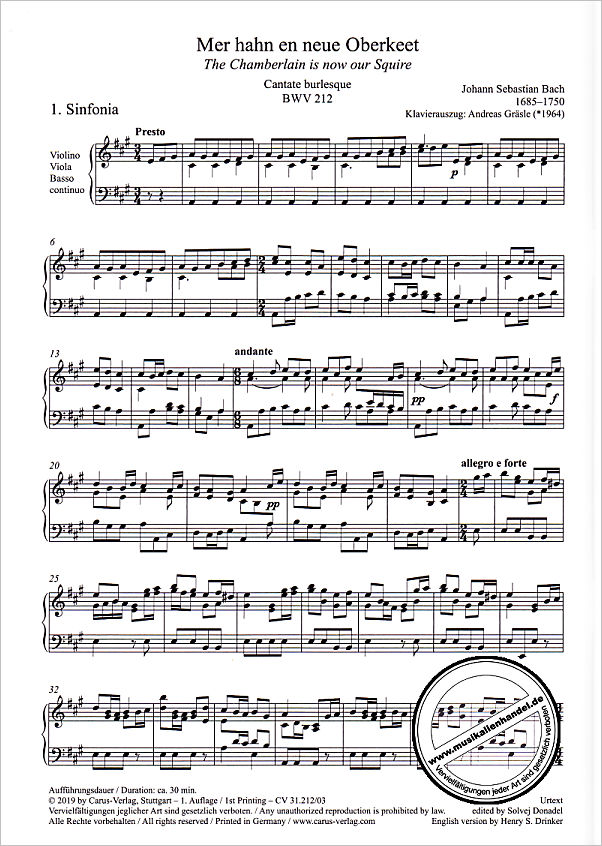 Notenbild für CARUS 31212-03 - Bauernkantate BWV 212 | Mer Hahn en neue oberkeet +
