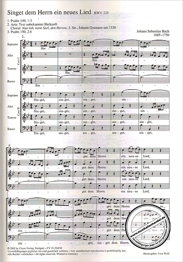 Notenbild für CARUS 31224-10 - MOTETTEN BWV 225-231 NEUAUSGABE OHNE BC