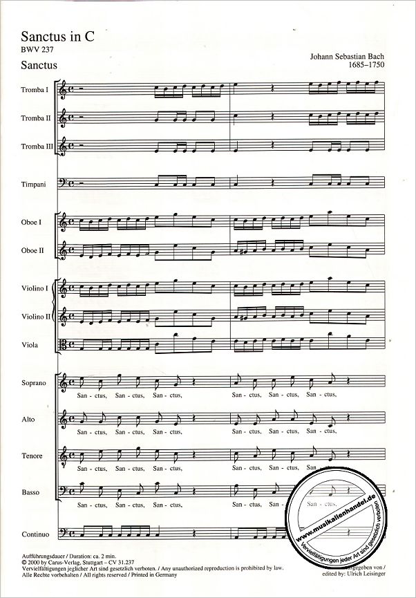 Notenbild für CARUS 31237-00 - SANCTUS C-DUR BWV 237